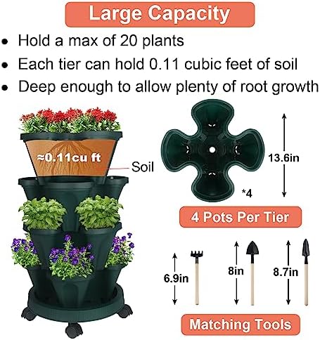 GameXcel Vertical Planter Tower - 4 Tier Stackable Garden Planters with Wheels and Tools Plant Pots for Strawberry Herb Flower and Vegetable Indoor Outdoor Use Green 2 Pack - Image 5