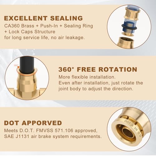 3/8" Brass Union Tee, DOT Approved 3-Way Air Line Connector 5PCS - Image 4