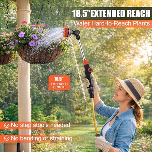 Hushee 4 Pack 18.5-Inch Metal Watering Wand with 180° Rotating Head, 8 Adjustable Spray Patterns & Thumb Control Nozzle – Perfect for Hanging Baskets, Shrubs & Plants, Durable Garden Hose Sprayer - Image 4