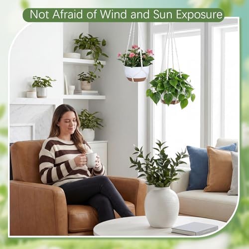 Sliner Set of 4-10 Inch Self Watering Hanging Planters Includes Hanging Pots and Outdoor Hanger Plant Pots with Drainage Holes 2 Types of Hanger Basket Hooks for Patio Garden(White Brown) - Image 3