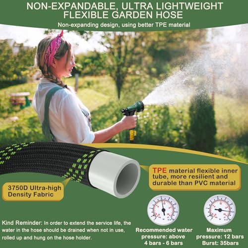 Garden Hose Non-Expandable 75 ft, Lightweight Flexible Water Hose with 10 Function Spray Nozzle, Outdoor Leak Proof, Kink-Free, Portable Hose for Yard, Lawn, Camper, High-Density Fabric, Black Green - Image 2