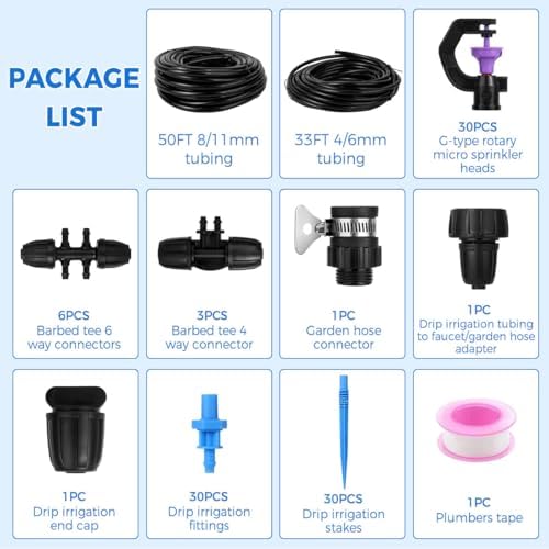 Drip Irrigation System Kit - Automatic Garden Watering System with G-Type 360° Rotating Micro Sprinkler Heads & 50FT 8/11mm & 33FT 4/6mm Irrigation Tubing for Garden, Lawn, Greenhouse, Yard, Plant - Image 5