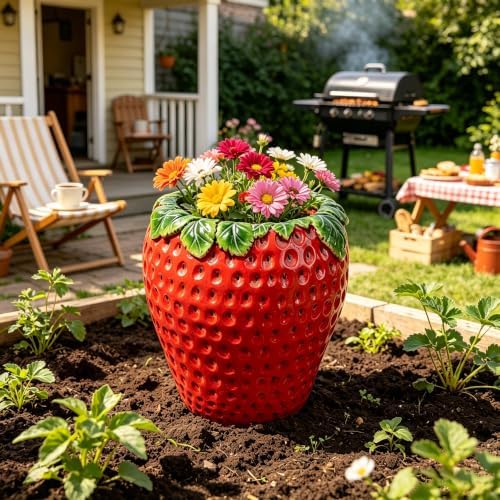 15' Strawberry Shaped Planter Pot, 15 Inch Decorative Flower Pot, Red - Image 4