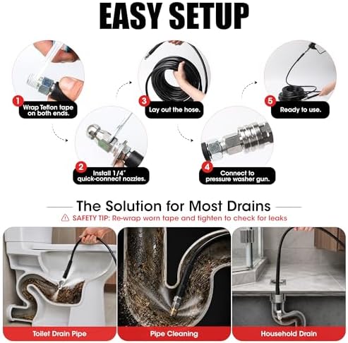 Sewer Jetter Kit for Pressure Washer 50 FT, Drain Cleaning Hose with Short Gun, 1/4" NPT, Rotating, Button Nose & Corner Nozzles, High Pressure Pipe Cleaner for Sewer and Drain Cleaning - Image 6