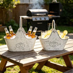 Distressed White Galvanized Metal Flower Planter Set of 2, Rustic Farmhouse Pot with Handle, Multi Use Tub for Garden Harvest Fruit Vegetables, Floral Craft Tool Organizer Indoor Patio Yard Decor - Image 4