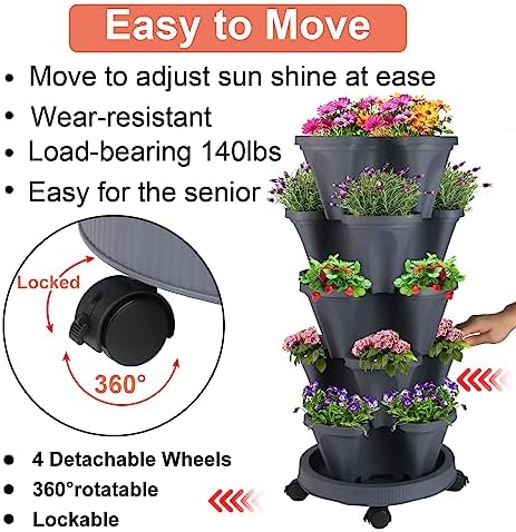 GameXcel Vertical Planter Tower - 5 Tier Stackable Garden Planters with Wheels and Tools Plant Pots for Strawberry Herb Flower and Vegetable Indoor Outdoor Use Dark Gray - Image 4