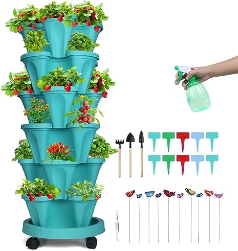 GameXcel Vertical Planter Tower - 6 Tier Stackable Garden Planters with Wheels and Garden Tool Set Plant Pots for Strawberry Herb Flower and Vegetable Indoor Outdoor Use Teal by GameXcel