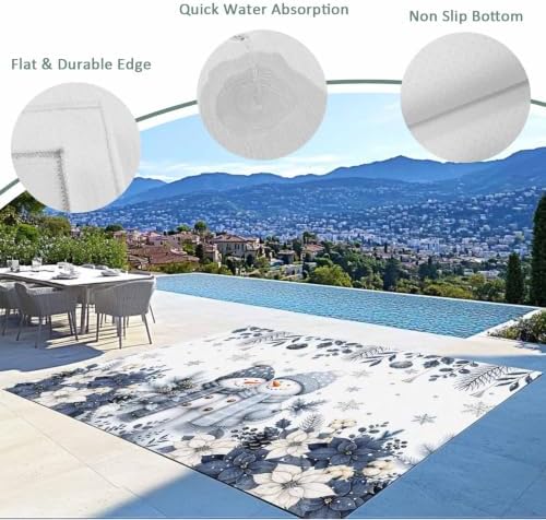 Christmas Floral 5x8 Waterproof Outdoor Rug with Non‑Slip Backing Country Blue White Poinsettia Snowmen Couple Machine Washable Deck Patio Rug Mat for Camping, RV, Garden, Balcony Pool - Image 5