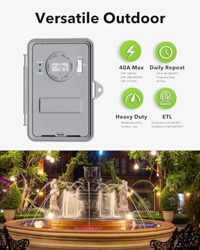 BN-LINK Pool Pump Timer, Outdoor Timer Box, Heavy Duty, 2HP 40A Max, 120, 240, 277 VAC, for Pool Pump, Water Heater, Fans, SPA, ETL Listed (Digital) - Image 4