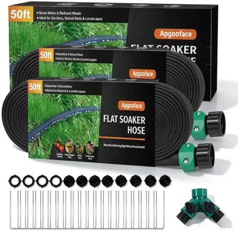 Flat Soaker Hose 50 ft 2-Pack with Splitter, 80% Water-Saving Drip Irrigation Hose 100 ft, Linkable DIY Garden Soaker Hose System for Garden Beds, Lawn, Vegetables & Trees (50ft 2-pack) by Apgooface