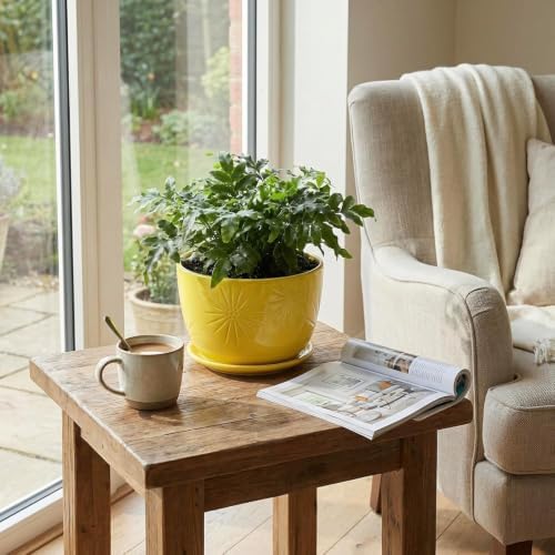 MyGift 7 Inch Yellow Ceramic Planter Pot with Sunburst Design & Saucer - Image 4