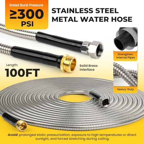 Garden Hose 100FT - 304 Stainless Steel Metal Water Hose, Flexible, Kink-Free, Lightweight, Durable, Crush Resistant Fittings, Easy to Coil, 500 PSI - Image 3