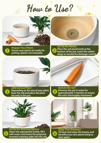 Ceramic Planters, 10- and 12-Inch Large Indoor/Outdoor Plant Pots with Drainage Holes and Watering Spikes, White, Set of 2 - Image 6