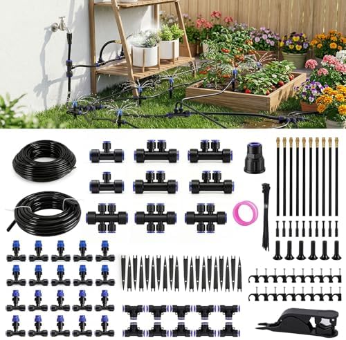 Drip Irrigation System 130FT with 10 Bendable Nozzles, 10 Misting Emitters, 10 8-Outlet Drip Emitters, 1/2 & 1/4 Inch Hoses – Garden Watering & Misting Kit for Yard, Lawn, Greenhouse by FOKATY