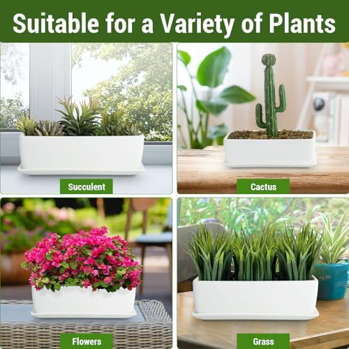 MyGift 14 Inch Ceramic Indoor Plant Pot with Drainage Hole, Rectangular Succulent Planter Window Box with Removable Saucer, Unglazed White (Pack of 2) - Image 3