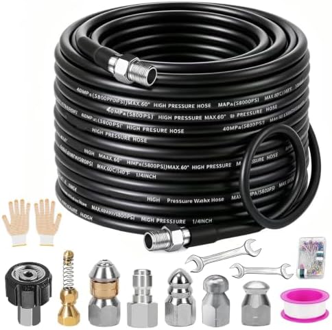Sewer Jetter Kit for Pressure Washer 70FT, 5800PSI Drain Cleaner Hose 1/4 Inch NPT Corner Rotating and Button Nose Sewer Jetting Nozzle Rotating and Button Nose Sewer Jetting Nozzle (70FT) by Laopypor