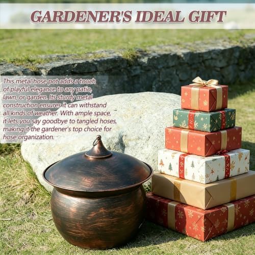 Metal Garden Hose Storage Pot,Vintage Copper Finish Hose Holder with Lid - Image 6