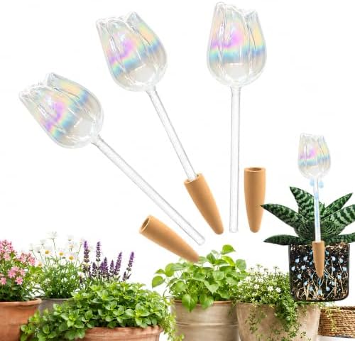 HyJeryty Non-Clogging Iridescent Tulip Plant Watering Globes with Terracotta Spikes, Hand Blown Glass Self Watering Planter Insert, Watering Bulbs for Indoor Small & Medium Potted Plants (3 Pack) by HyJeryty