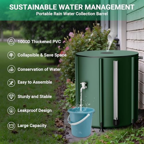 SKM Collapsible Rain Barrel, Anti-Leak 1000D 3-Layer PVC, 53 Gallon, Green - Image 2