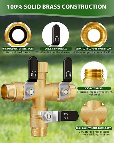 Garden Hose Splitter, 3 Way Heavy Duty Brass hose splitter, Water Hose Bib Spigot Splitter with 0.59" Full Flow Ball Valve Outlet & Shut-Off Valve 3/4'' Connector Outdoor Water Faucet Adapter - Image 4