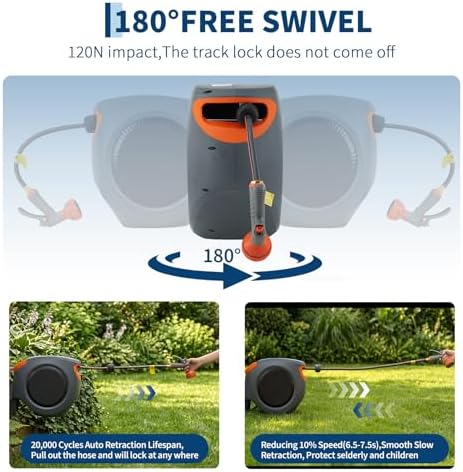 65FT Retractable Garden Hose Reel, 1/2" In Mesh PVC Water Hose Reels with 10-Function Spray Nozzle, Automatic Slow Retraction System, Any Length Lock for Garden, Yard & Outdoor Watering - Image 5