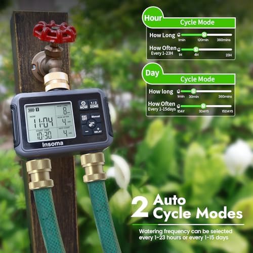 Insoma Water Timer with Brass Inlet, 2 Independent Zones Outdoor Hose Timer for Garden Faucet with Auto/Manual/Rain Delay Mode, Sprinkler Irrigation Timers for Yard Lawn - Image 2