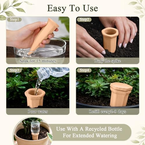 12 Pack Terracotta Watering Spikes with Lids Plant Watering Spikes Automatic Plant Waterer Devices Outdoor Indoor Vacation Friendly Slow Release Self Waterer Planter Insert(Medium) - Image 3