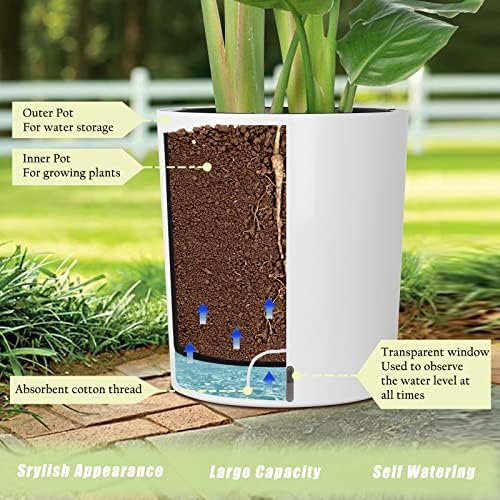 SAROSORA Large Round Self Watering Planter Pot 12.5'' 2-Pack for Home Garden Patio Tall Tree(White 2-Pack) - Image 5