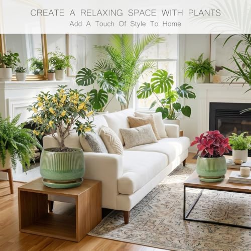 7.5 Inch Ceramic Planter with Saucer,Modern Garden Pots with Drainage Hole Mesh Net, for Indoor Outdoor Use (Crackle Green) - Image 2