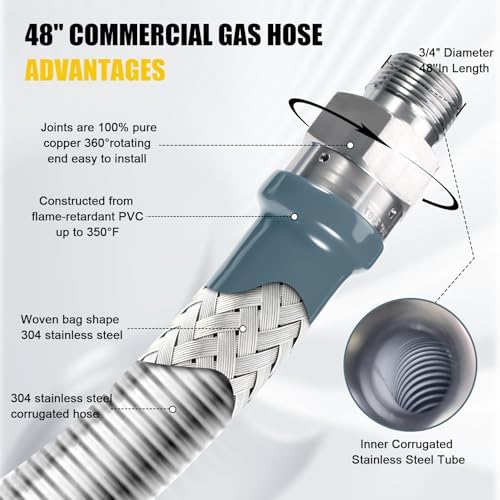 3/4" × 48 inch Commercial Gas Hose, 1675KIT48 Safety System Kit, Mobile Gas Line Hose Connector Kit for Commercial Kitchen, with 3/4" Quick Disconnect（GRAY) - Image 5