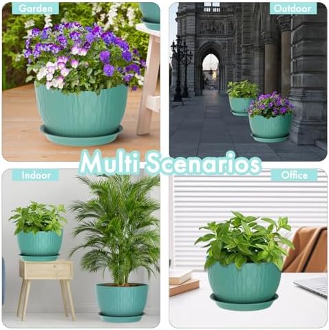 WSMKSZ 12 Inch Large Plant Pots for Indoor or Outdoor Plants, Wide Water Ripples Flower Pots with Drainage Holes & Saucer, Plastic Planters Set for Garden & Home Decor (Blue Green) - Image 6