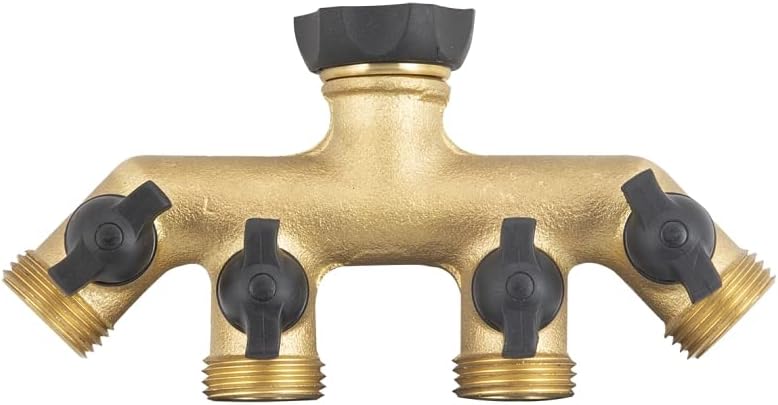 Rocky Mountain Goods Brass Hose Splitter 4 Way - Heavy Duty Faucet Manifold with Leakproof Rubber Seals and Valves - 3/4” Garden Hose Splitter - Run 4 Hoses Spigot Adapter On/Off by Rocky+Mountain+Goods