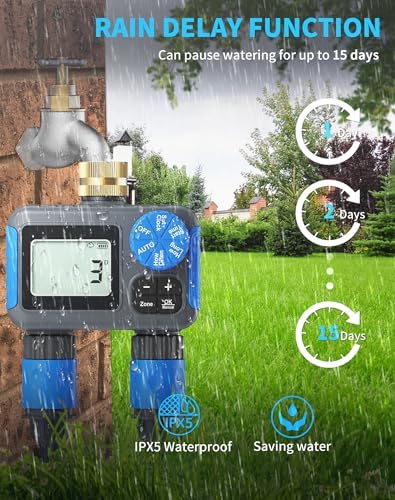 Sprinkler Timer, 2 Zone with Brass Swivel, Digital Irrigation Controller System with Rain Delay/Manual/Automatic Watering for Outdoor Garden Yard Lawn - Image 2
