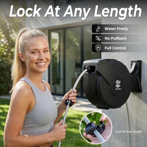 Retractable Garden Hose Reel - 5/8 in x 100 ft Automatic Wall Mount Automatic Water Hose Reel with 10 Patterns Nozzle, Heavy-Duty Aluminum Mount, 180° Swivel, Auto-Lock for Outdoor Watering - Image 2