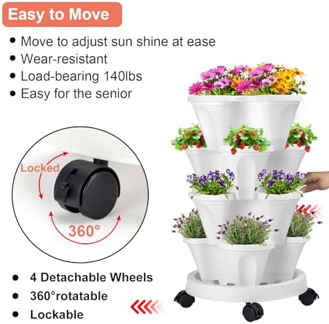 GameXcel Vertical Planter Tower - 4 Tier Stackable Garden Planters with Wheels and Tools Plant Pots for Strawberry Herb Flower and Vegetable Indoor Outdoor Use White - Image 4