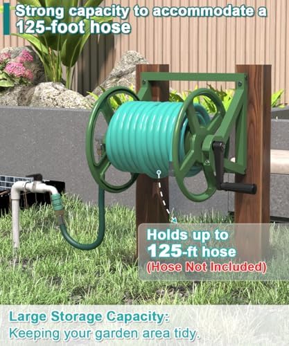 Artigarden Garden Hose Reel Wall Mounted, Outdoor Heavy Duty Powder Coated Metal Water Hoses Holder Winder Holds 125 ft 5/8" Hoses with 3.9ft Leader Hose, Stainless Steel Connector for Outside, Green - Image 3