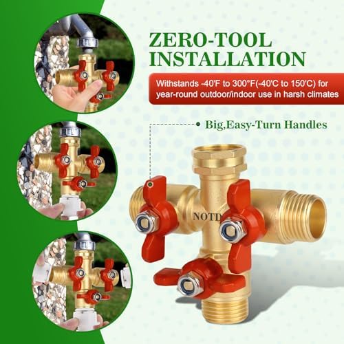 3 Way Hose Splitter, Solid Brass High Volume 3 Way Hose Splitter Valve with Metal Handle, Heavy Duty High Flow Spigot Splitter with Shut off Valve, 3/4 Inch Garden Tap Splitter - Image 2