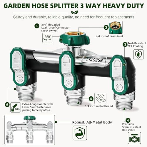 Garden Hose Splitter 3 Way, Heavy Duty Metal, 3/4" GHT, Green - Image 3