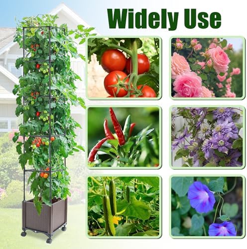 Quibbay Raised Garden Bed Planter Box with Trellis, 62.2" Self-Watering Tomato Planters for Climbing Plants Vine Flowers Outdoor Patio, Tomatoes Cage with Trellis Wheels for Outdoor, 1Pack - Image 5