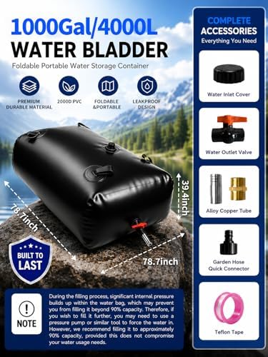 1000 Gallon Water Bladder Tank, 2000D PVC Portable Water Storage Bag Black - Image 2