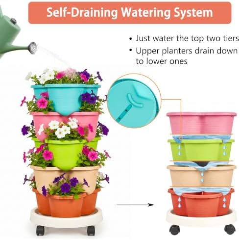 VECELO 5 Tier Vertical Garden Planter, Self Watering Stackable Planters with Wheels for Strawberries, Herbs, Flowers, Vegetables, Multicolor - Image 3