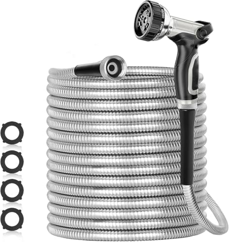 125ft 304 Stainless Steel Garden Hose, Heavy Duty Flexible Metal Water Pipe with Nozzles, Never Kink & Tangle, Puncture Resistant for Yard Outdoor (Silver) by Unknown
