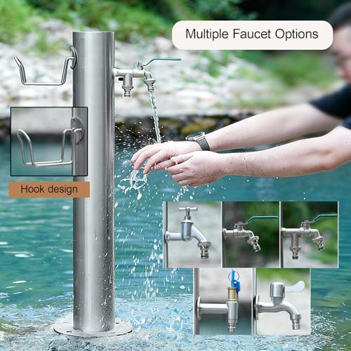 Stainless Steel Garden Water Column with Faucet - Floor Mounted Outdoor Water Fountain Hydrant Hose Stand for Lawns, Cleaning & Washing (Silver 19.7" x 8.1") - Image 6