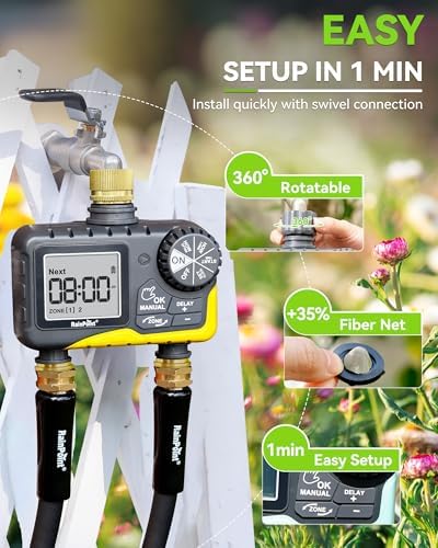 RAINPOINT 2 Zone Sprinkler Timer with Brass Inlet and Outlet - Water Timer for Garden Hose with Rain Delay/Manual Watering/Automatic Irrigation Controller for Yard(Yellow) - Image 7