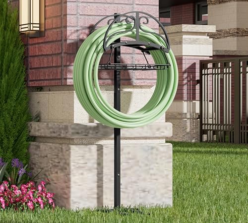 Freestanding Garden Hose Organizer with Storage Basket - Heavy-Duty Black Powder-Coated Hose Stand, Detachable Design Holds 150FT Hose, Includes Wrench & Screwdriver for Easy Assembly by Calidola