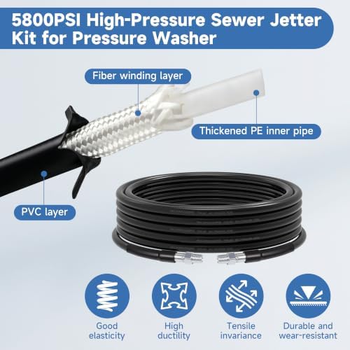 70FT Sewer Jetter Kit for Pressure Washer, 5800PSI, 1/4 Inch NPT Drain Cleaner Hose Sewer Jetting with Rotating Corner Button Nose Nozzle for Pipe Cleaning - Image 3