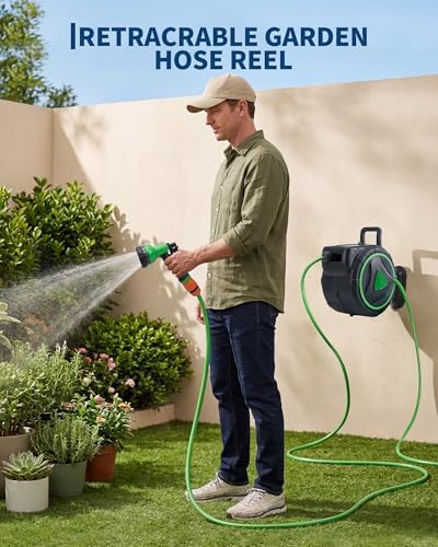 LinTimes 65ft Heavy Duty Retractable Garden Hose Reel, Auto Rewind - Image 5