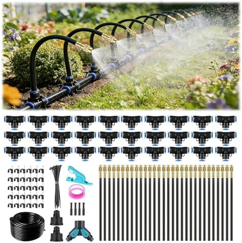 Drip Irrigation Sprinkler System,10/15/30M Garden Mist Cooling Spray Kit,Automatic Plant Watering Set with 10/15/30 Outlets,4/6mm Adjustable Micro Spray Heads(15m/15 a Single Water Outlet) by Unknown