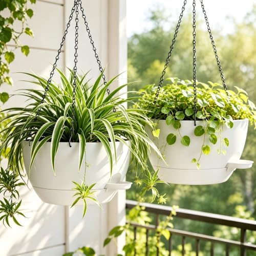 12" Self Watering Hanging Planters with Chains, White, 2 Pack - Image 5