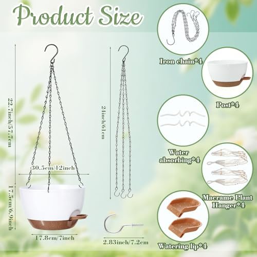 Sliner Set of 4-10 Inch Self Watering Hanging Planters Includes Hanging Pots and Outdoor Hanger Plant Pots with Drainage Holes 2 Types of Hanger Basket Hooks for Patio Garden(White Brown) - Image 5